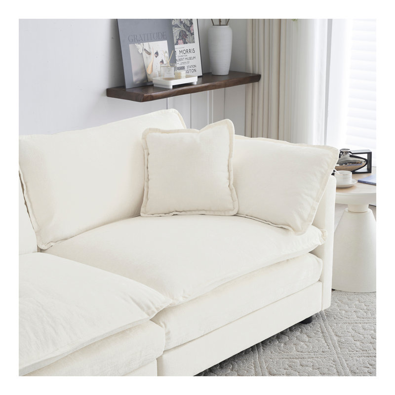 Canapé en chenille deux places avec repose-pieds, canapé modulaire en L avec repose-pieds 2 places, causeuse avec repose-pieds pour petit espace de vie, chenille blanche