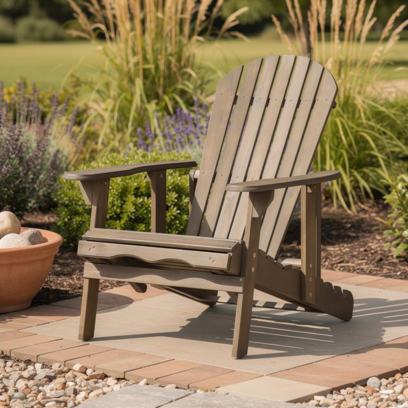 Libo Outdoor Recliner Adirondack Chair, Slatted Gray Acacia Wood, Gray