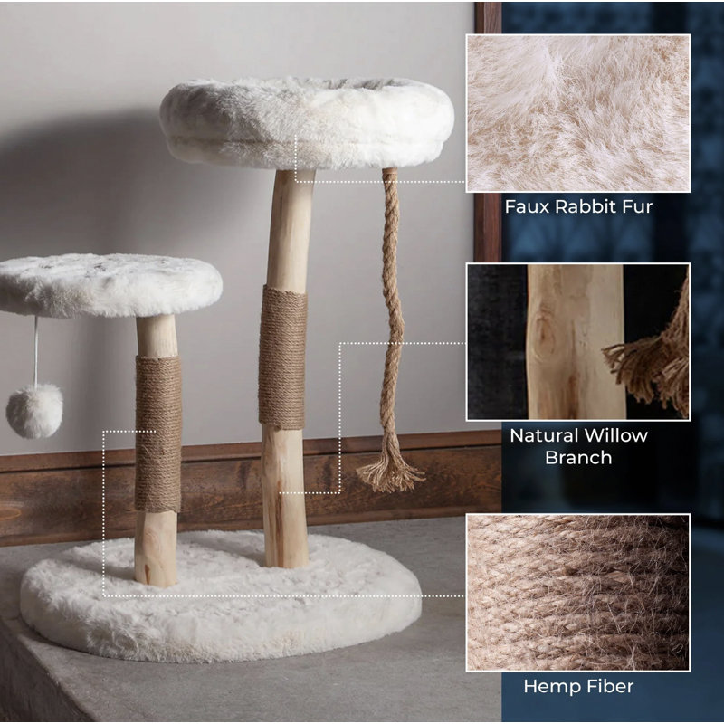 The Oasis 3-Level White Faux Fur Cat Tree with Hemp Rope
