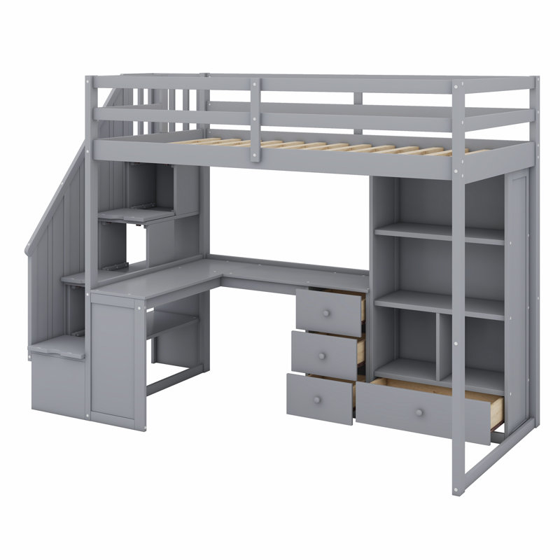 Loft Bed With L-Shaped Desk And Drawers, Cabinet And Storage Staircase, Gray