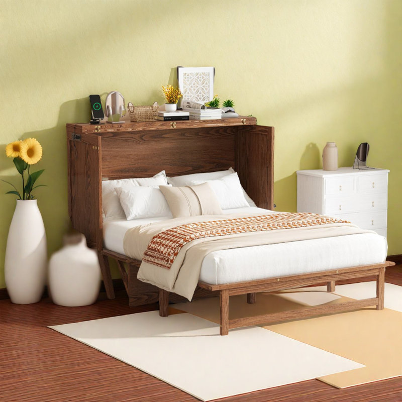 Lit escamotable en noyer peu encombrant, armoire en bois de pin, solution de bureau à domicile multifonctionnelle