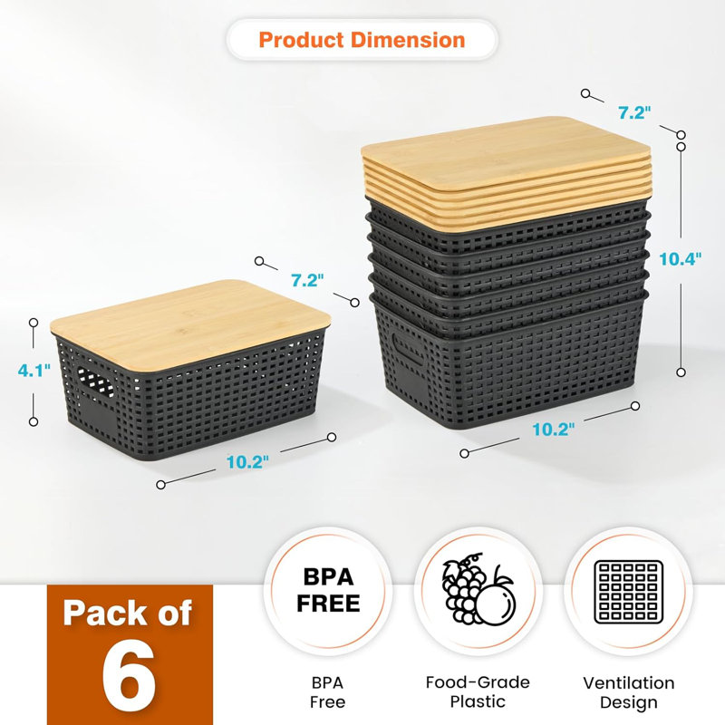 Plastic Storage Containers Stackable Storage Bins, Storage Baskets For Organizing Shelves Drawers Desktop Closet Playroom Classroom Office, 6 Pack
