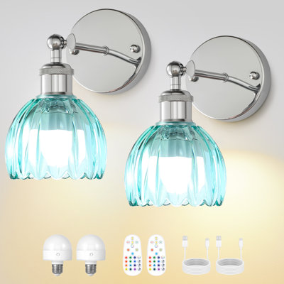 Battery Operated Tulip Wall Sconce Set of 2 With Remote & Bulb, Dimmable Wireless Rechargeable Wall Lights (3 Color Temp & 12 RGB) For Bedroom Living Room Hallway