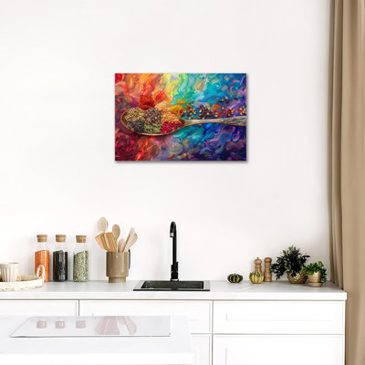 Colorful Adriany Abstract Spoon with Spices Food Painting Vibrant Poster Artwork Dining Room Home Decor Picture Print Ready to Hang Canvas Framed, 18×24 Inches