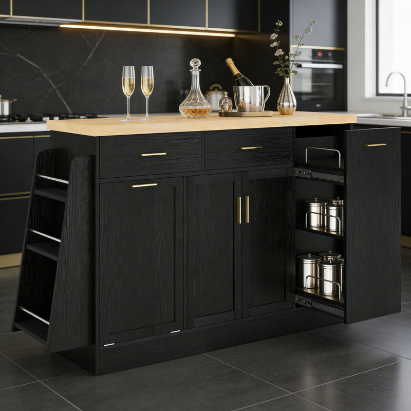Multi-Functional Storage Sideboard, Trash Can Storage, Sliding Door Cabinet & 3-Tier Spice Rack,Kitchen Island Table For Kitchen, Dining Room