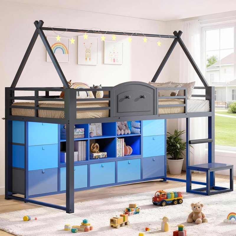 Lit mezzanine simple simple avec 9 tiroirs de rangement, bibliothèque et lumières DEL, lit mezzanine simple en métal en forme de maison avec marchepied et garde-corps, lit mezzanine pour enfants avec espace de jeu sous le lit
