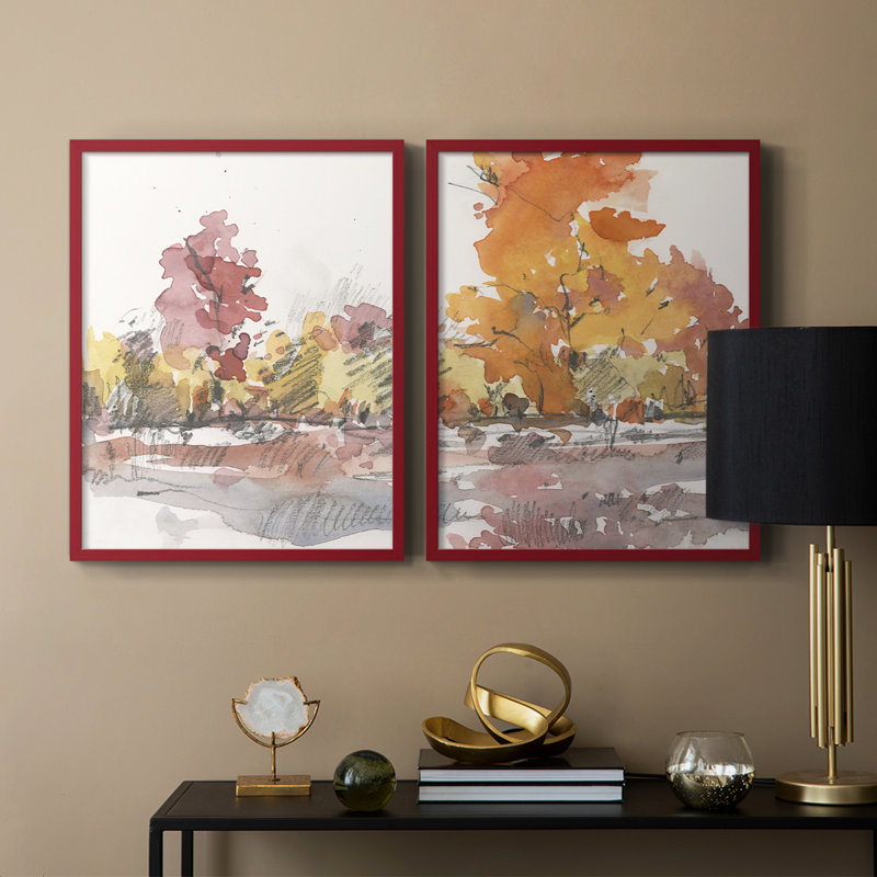 «Watercolor Treeline S croquis I», reproduction encadrée de qualité supérieure - prête à être accrochée - aucun clou requis - aucun clou requis