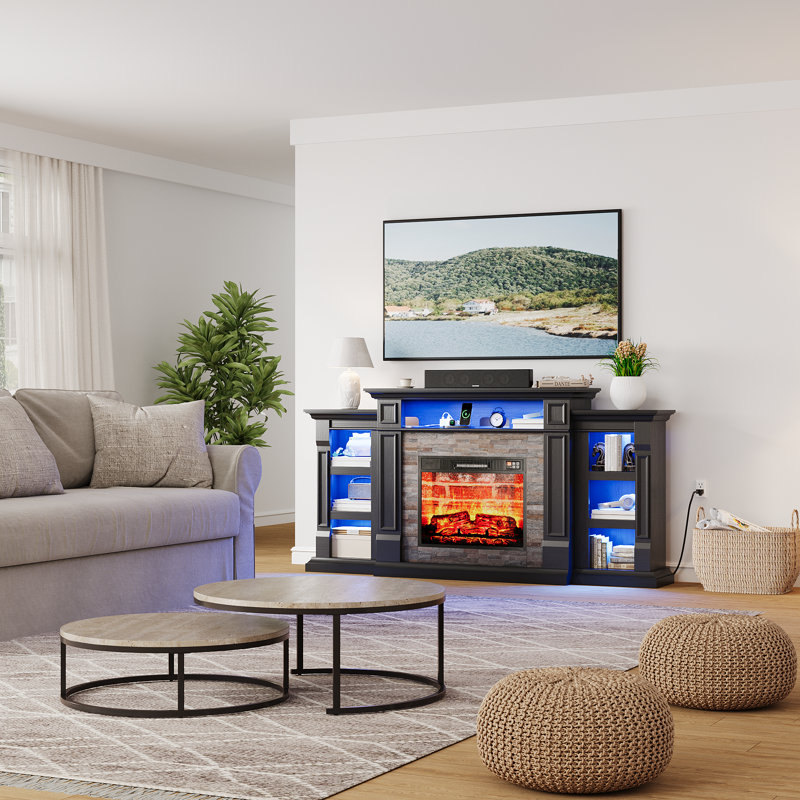  72" W Led Tv Stand With 23" Electric Fireplace Included, Black, Black
