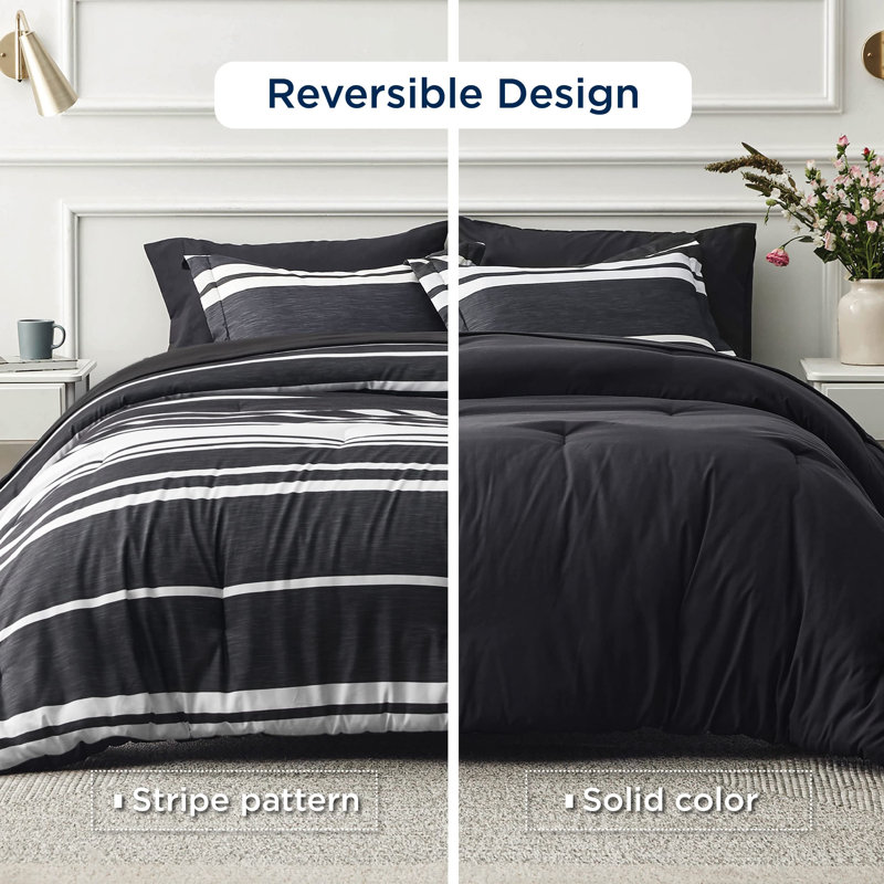 Bedsure Striped All Season Bed In A Bag, Black, Full Comforter + 6 Additional Pieces