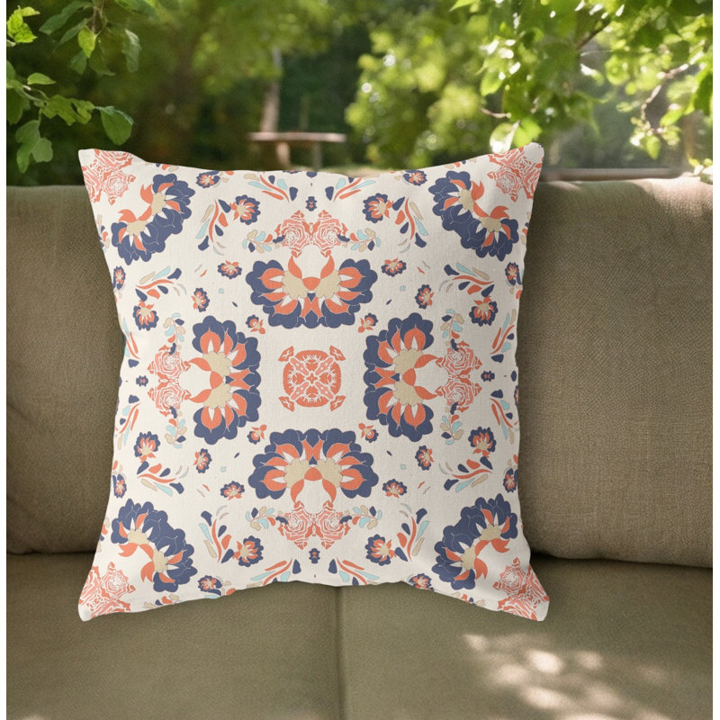 Coussin 18 po x 18 po, H 18 po x l 18 po, Bleu / blanc cassé / floral orange, Carré
