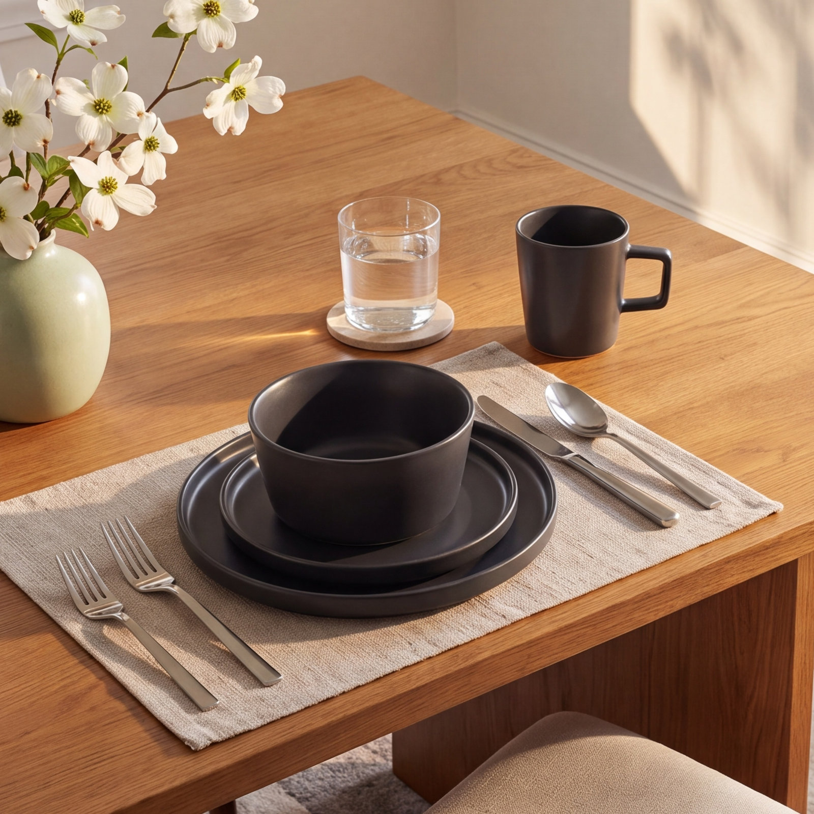 Celina Stoneware Dinnerware Set, Matt Black, 16