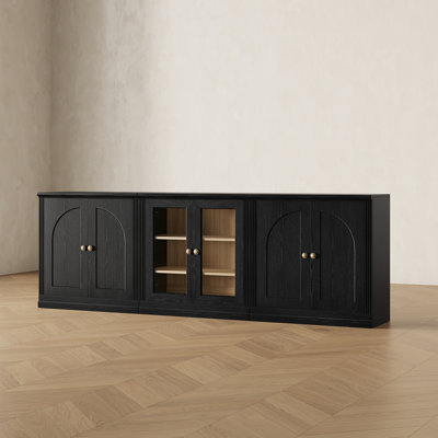Buffet modulaire moderne Monos Eduarda avec portes à charnières, placards bas et vitrine en acrylique, noir