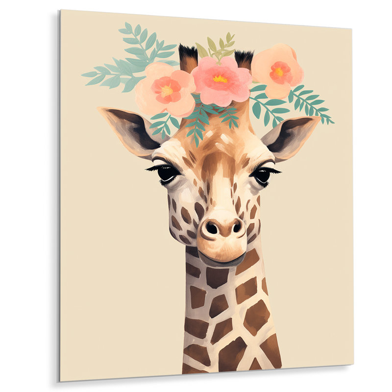 Girafe rétro avec couronne de fleurs roses - Art mural animal girafe, Sans cadre, métal, H 40 po x l 30 po