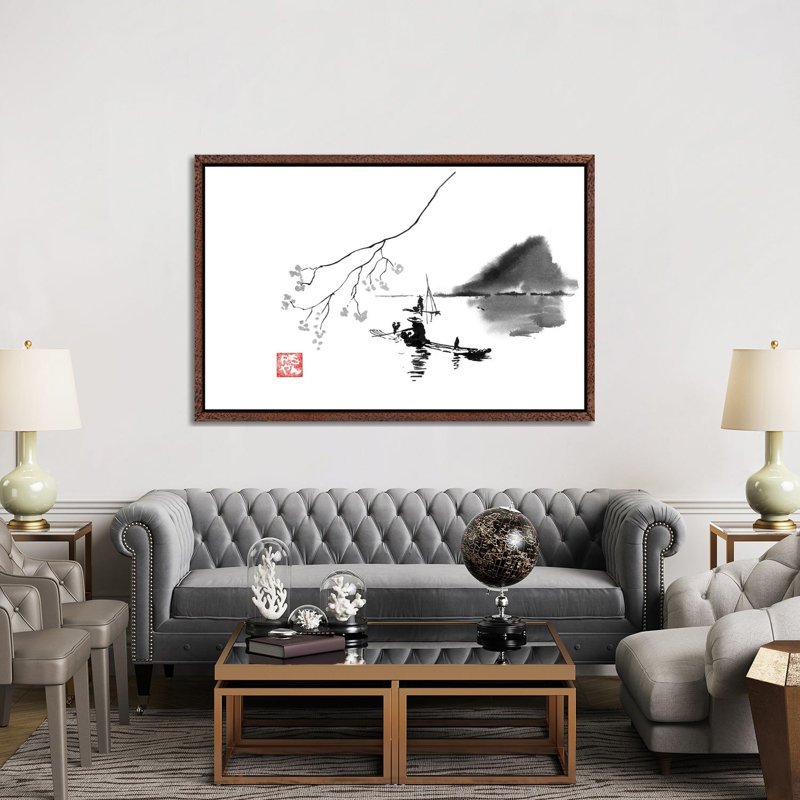 Lake by Péchane - Painting on Canvas, 152.5 cm H x 101.5 cm W, Classic Brown Wood Framed