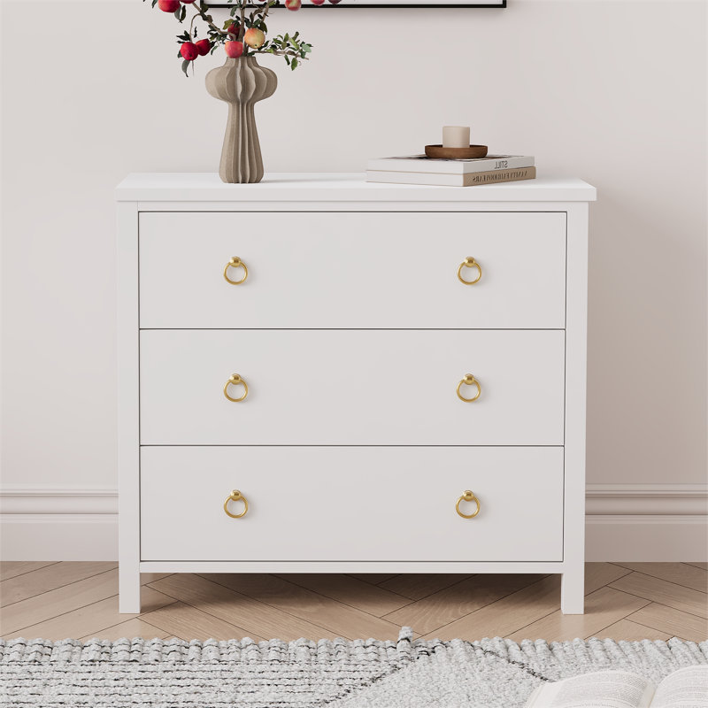 Commode à poignées anneaux PB, commode 4/5 tiroirs avec poignées circulaires, armoire de rangement en panneau de fibres à densité moyenne blanc / noir pour chambre à coucher