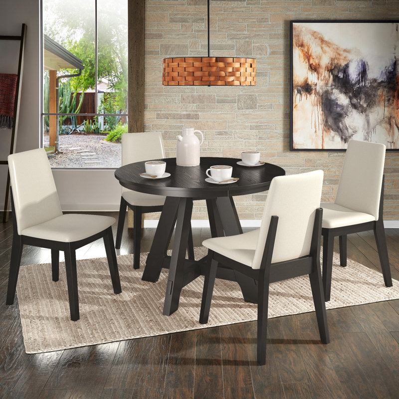 Brookins 42"-60" Extendable Round Dining Set With Vegan Leather Upholstered Chairs, Black
