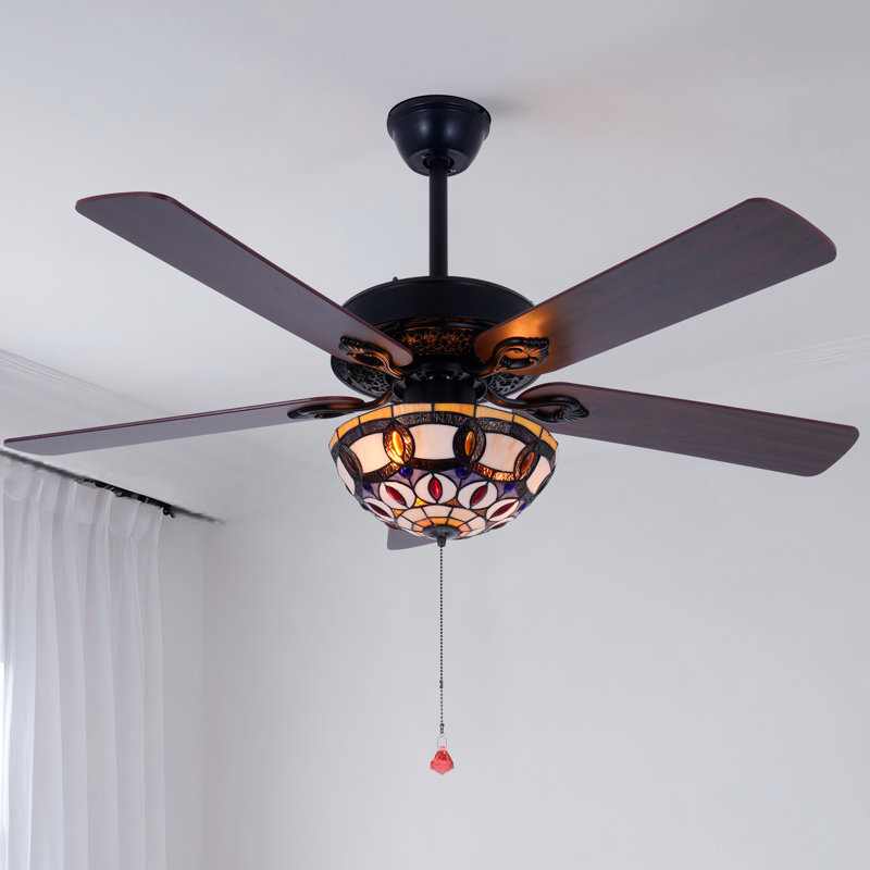 52" Vintage Tiffany-Style Stained Glass Ceiling Fan With Remote Control, 6 Speeds, Reversible