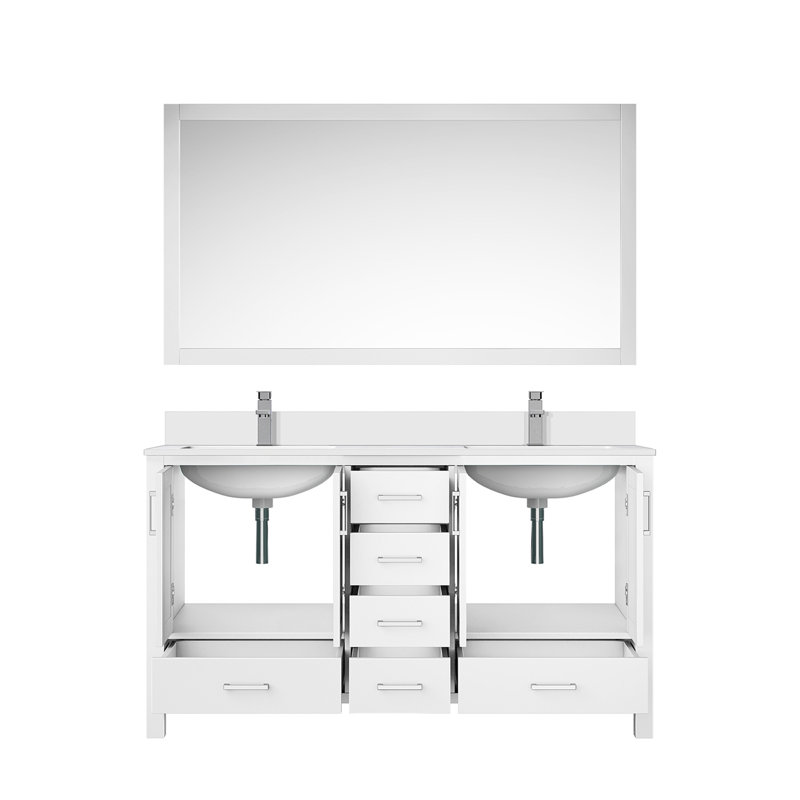 Meuble-lavabo double P 22 po, comptoir en quartz blanc, ensemble de robinets et miroir 28 po, H 34,25 po x l 22 po x P 60 po