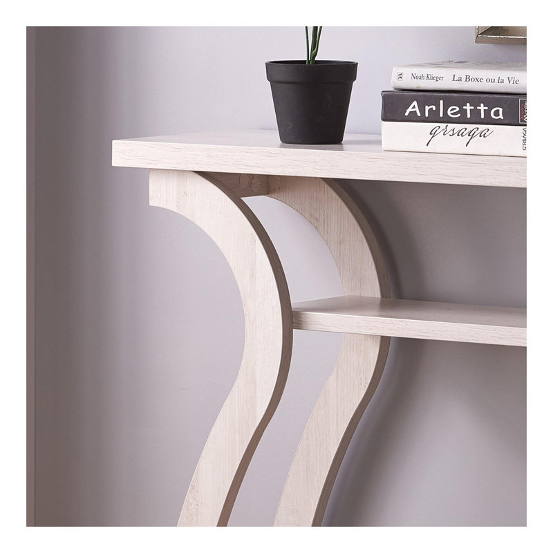 Entryway Sofa Hall Console Curvy Leg Design Two Shelves Thick Top Panel White Oak Color