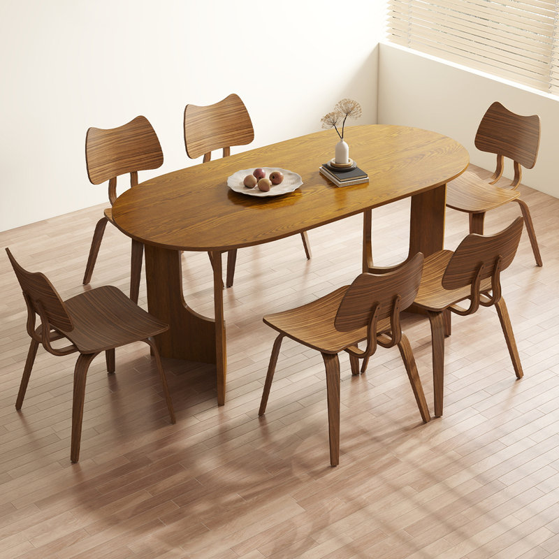 Modern Oval Brown Dining Set With Solid Rubber Wood Base Table And Chairs With Backrest For Kitchen, Living Room, Dining Room
