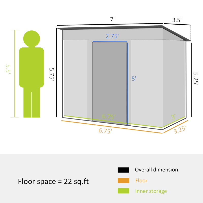 Steel Storage Shed, Silver, 68.50" H x 85.50" W x 43.25" D