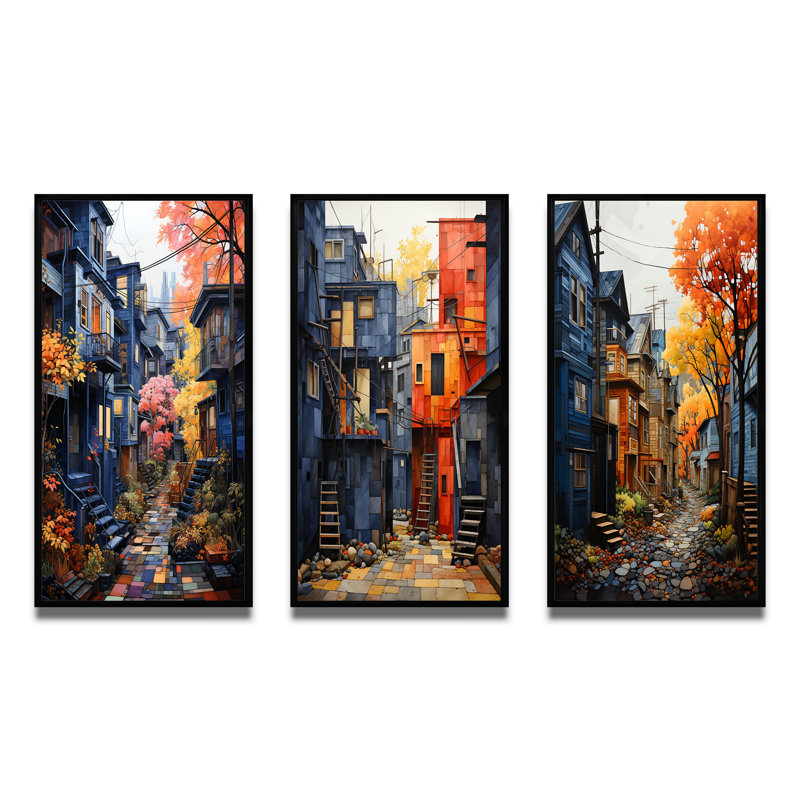«Cityscape Alleyway Patchwork», 3 pièces, H 20 po x l 36 po, Cadre noir