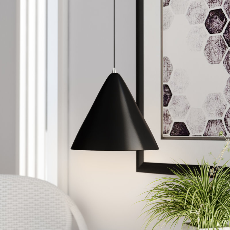 Luminaire suspendu conique à 1 lumière Oaklee, Noir brillant, H 18 po x l 14 po x P 14 po