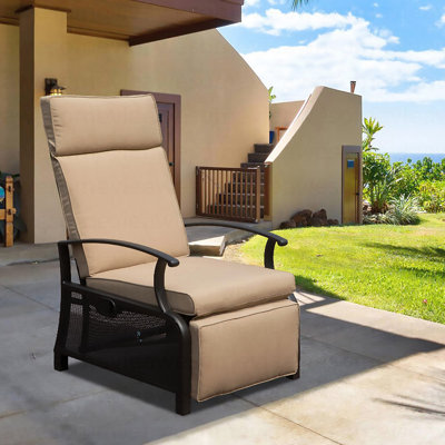 Adjustable Patio Recliner Chair Metal Outdoor Lounge Chair With Flip Table Push Back, Adjustable Angle, Removable Cushions, Support 350Lbs