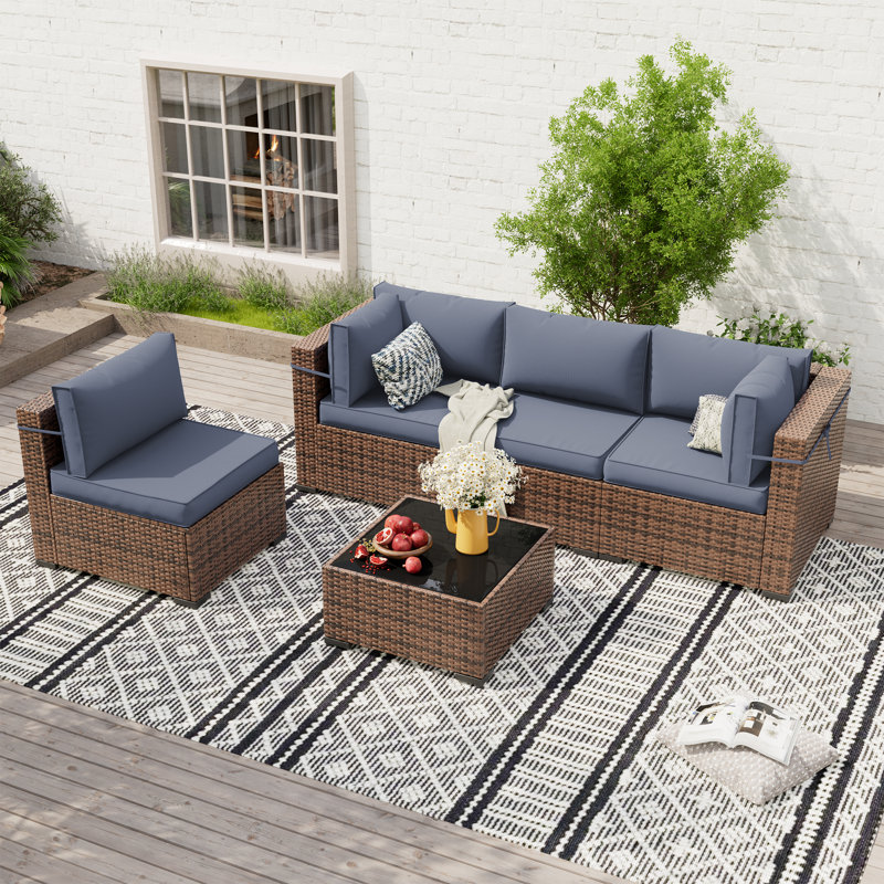 Ensemble de conversation modulaire en rotin avec table basse, Gris