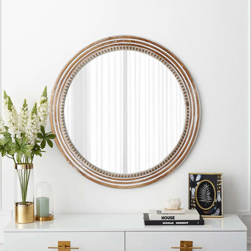 Miroir mural rustique blanc rond avec perles 24,16 pouces, embellit les espaces de vie dans la chambre à coucher, entrée de cuisine, pouces de perles décoratives, transforme l'apparence de l'entrée,