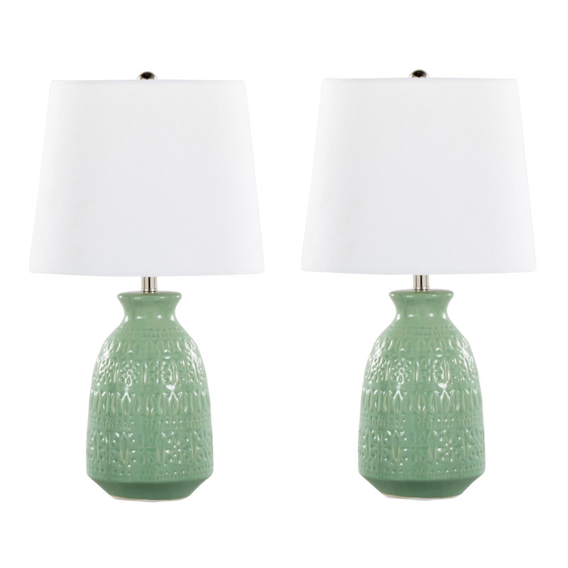 Ensemble de 2 lampes décoratives 20 po en céramique vert sauge avec nickel poli et abat-jour en lin blanc, 20 po