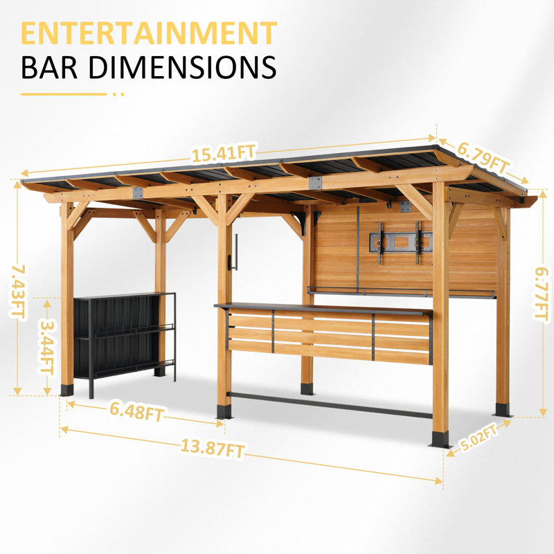 6 Ft. X 14 Ft. Cedar Wood Outdoor Entertainment Gazebo Bar With Hardtop Galvanized Steel Roof, Bar Table And Foot Rest Rail, Metal Storage Cabinet