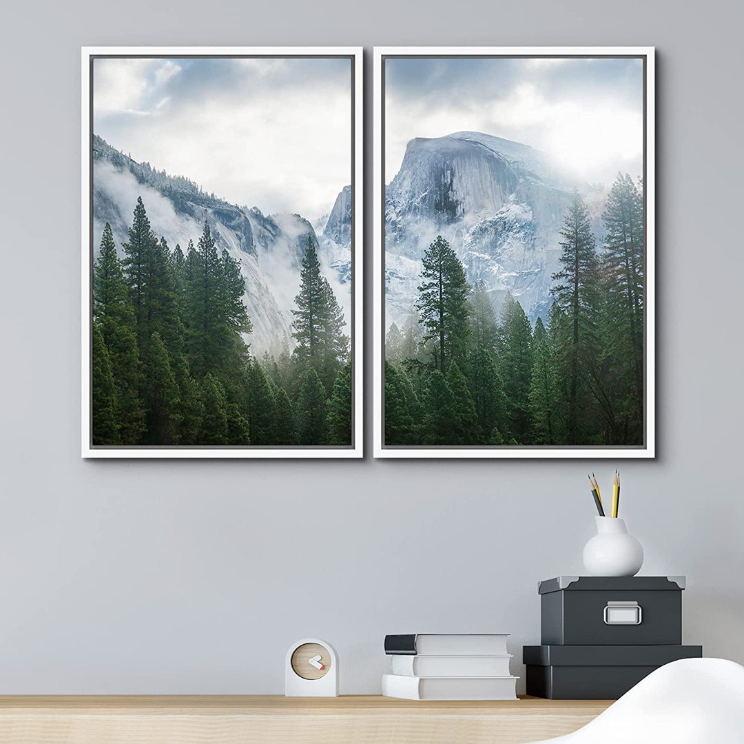 Misty Forest Landscape " Arctic Winter Mountain Range Forest Nature Wilderness " 2 - Pieces IDEA4WALL 