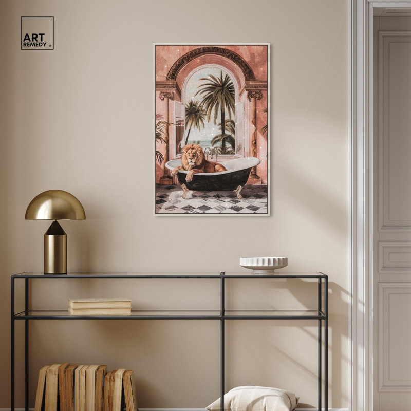 «Sleeping Lion Bath» par Art Remedy, H 16 po x l 11 po, Cadre argenté