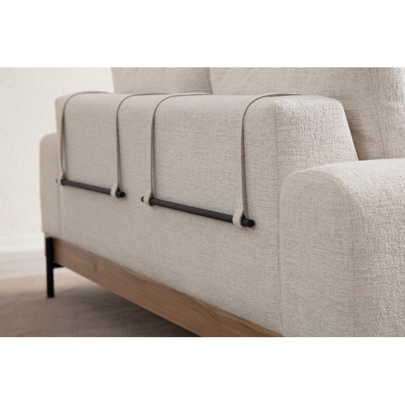 Élégant canapé 3 places, tissu blanc, 86,6 x 38,6 x 30,7 pouces | Structure en bois de hêtre et en carton, 100% polyester, nettoyage à sec | Coussins en mousse gris doux et en mousse de silicone, pieds en métal noir | Parfait pour les salons modernes