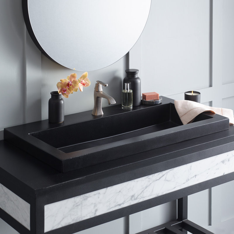 Trough Handmade Rectangular Bathroom Sink, Single Hole Faucet, Charcoal