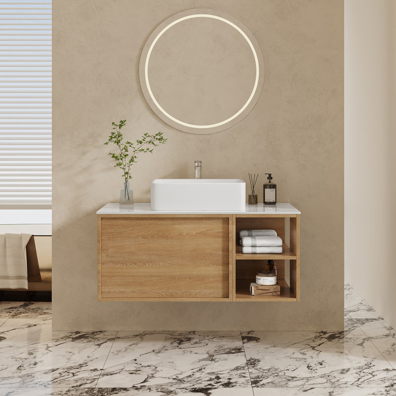 36" Modern Bathroom Vanities With Single Sink, White Glossy Stone Table Top， Floating Vanity With Wood Cabinets
