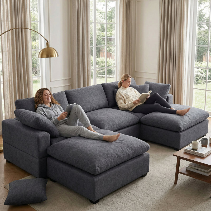 Canapé modulaire moelleux modulaire en chenille extra doux en forme de U avec repose-pieds et accoudoirs