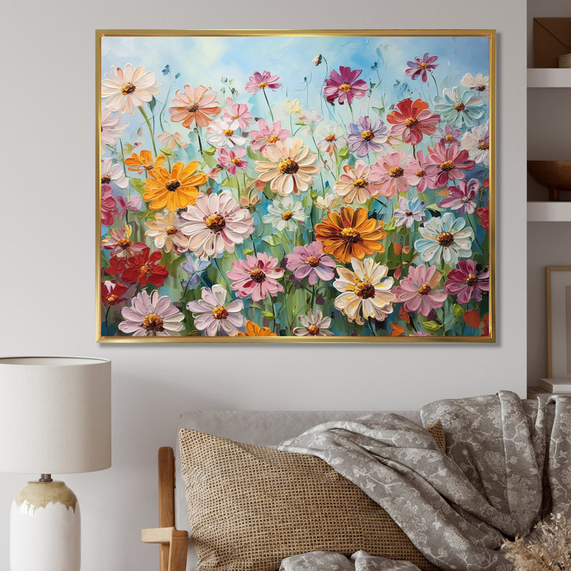«Zinnias Farmhouse Field Charm I», reproduction sur toile, Cadre flottant doré, H 12 po x l 20 po x P 1 po