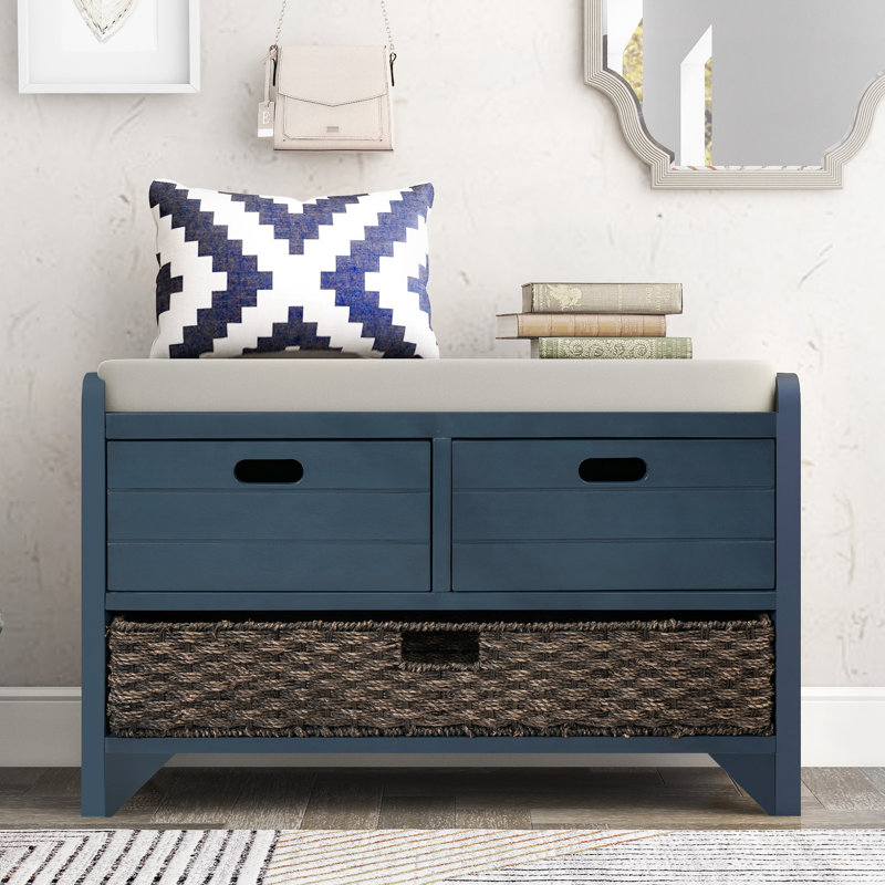 Banc de rangement avec 2 tiroirs bien rangés et bac amovible de couleur marine