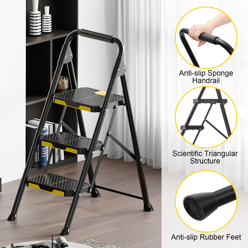 3 Step Ladder,Metal Ladder,Folding Step Stool Pass 800 lbs Load Testing,Library Ladder,Decorative Kitchen Step Ladder