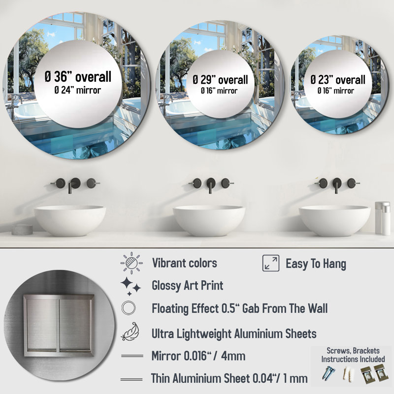 Bathroom Tranquil Reflections III - Bathroom Unique Wall Mirror, Traditional Round Mirror, Printed Metal Art, 29" x 29"