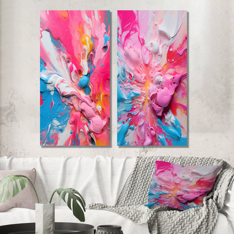 «Explosions de couleur rose et orange», 2 pièces sur toile, H 40 po x l 40 po, Toile tendue