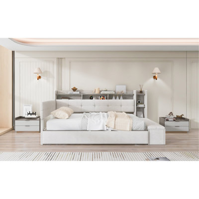 Lit de jour double rembourré avec repose-pieds et tablettes de rangement, avec couchette, charge USB et lumière DEL, beige