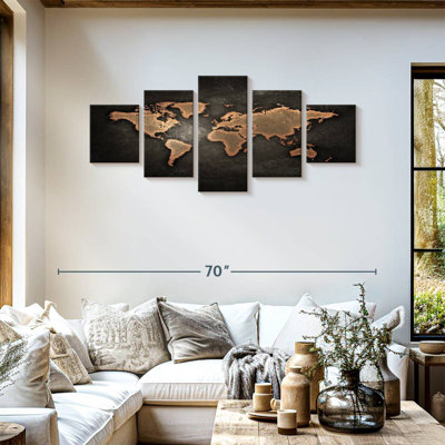 Carte du monde en cuivre sur toile, ensemble de 5 pièces