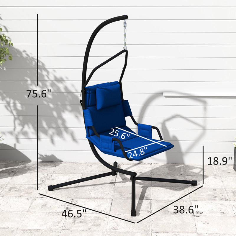 Chaise suspendue avec support, assise confortable rembourrée et coussin en tissu enduit de peinture en poudre, cadre en acier poudré, crochet à ressort réglable pour une balançoire en toute sécurité, support et coussin avec revêtement pour une utilisation intérieure et extérieure.