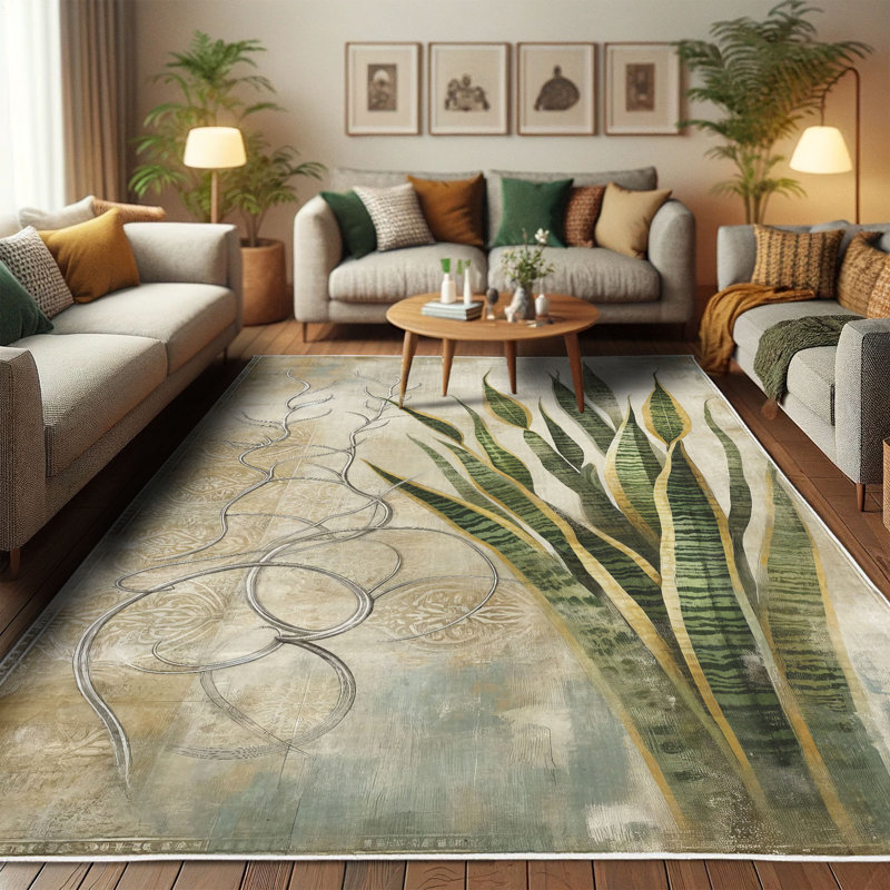 Botanical Green Beige Synthetic Easy Care Area Rug 2' 5" x 5'