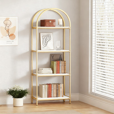 Industrial 4-Tier Arched Bookcase, Open Storage Shelf With Metal Frame For Living Room, Office, And Bedroom Organization