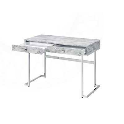 Bureau en simili marbre blanc et bureau d'écriture au fini chromé, parfait pour les bureaux à domicile modernes et les espaces d'étude.