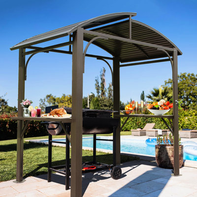 Auvent de 8 po x 5 pi avec toit en arc - Toit en acier galvanisé double, 2 tablettes latérales, abri de jardin pour patio, jardin extérieur brun,